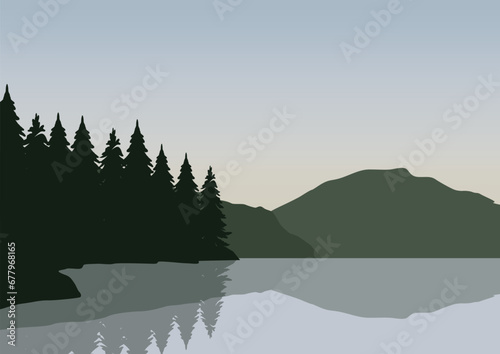 Landscape with lake and mountain. Vector illustration in flat style.