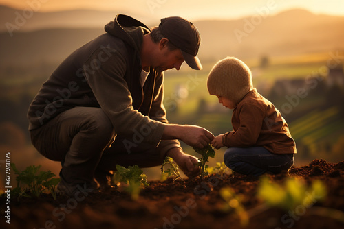 father teaching his son to growing plant in their farm bokeh style background