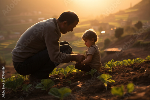 father teaching his son to growing plant in their farm bokeh style background