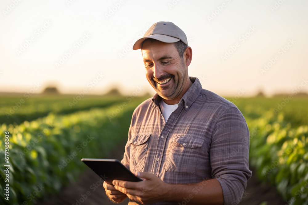 an agricultural man smiles while working in a field with a tablet bokeh style background an agricultural man smiles while working in a field with a tablet bokeh style background