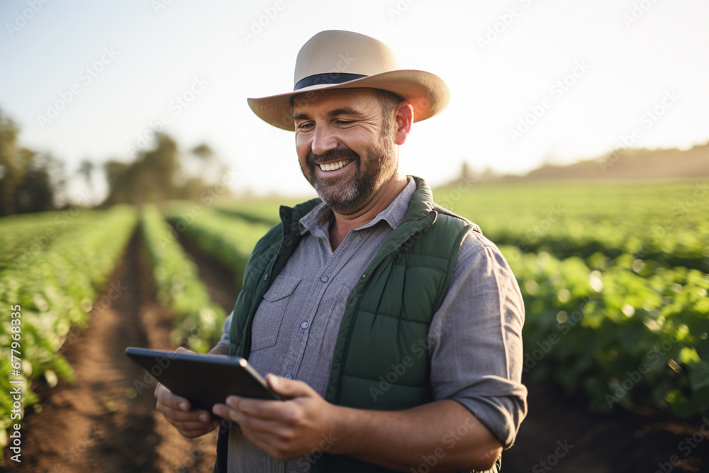 an agricultural man smiles while working in a field with a tablet bokeh style background