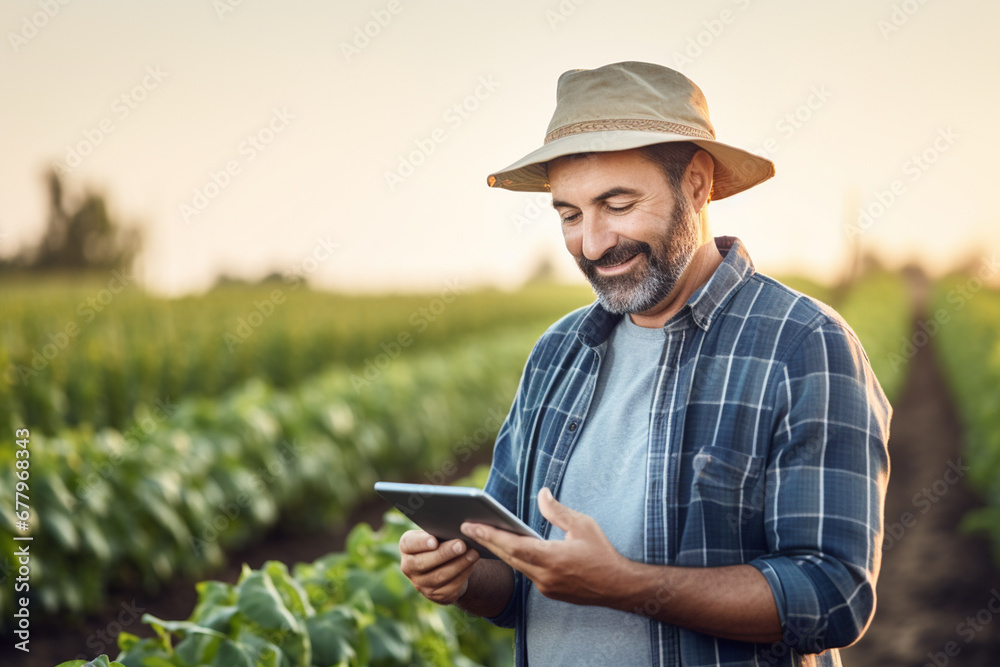 an agricultural man smiles while working in a field with a tablet bokeh style background an agricultural man smiles while working in a field with a tablet bokeh style background
