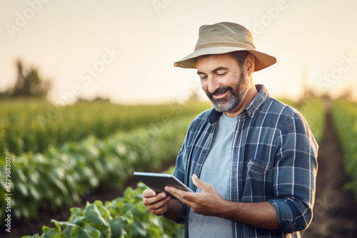 an agricultural man smiles while working in a field with a tablet bokeh style background