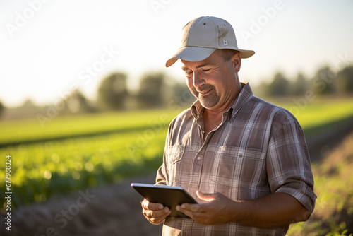 an agricultural man smiles while working in a field with a tablet bokeh style background