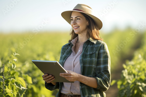 an agricultural woman smiles while working in a field with a tablet bokeh style background