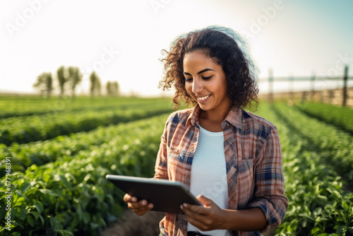an agricultural woman smiles while working in a field with a tablet bokeh style background