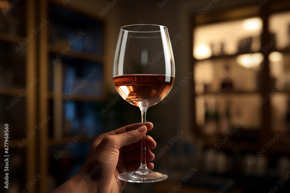 close up hand holding a wine glass in front of the luxury restaurant bokeh style background