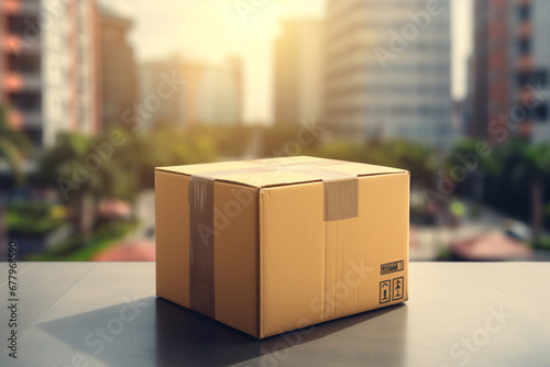 parcel post put on the street in front of the building background bokeh style background © toonsteb