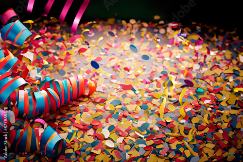 Confetti and streamers scattered on the floor after a party.