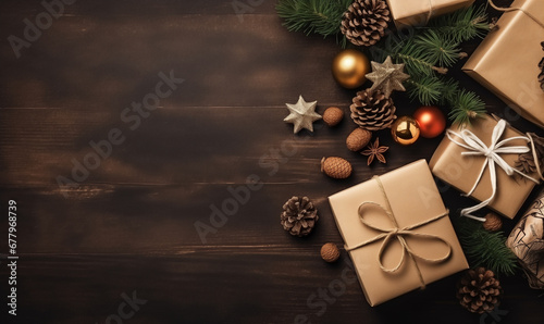 Gift boxes wrapped in beige paper with bow on wooden background with copyspace © pijav4uk