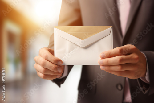 close up businessman holding a letter bokeh style background