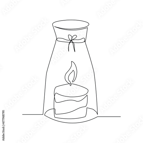 Continuous single line sketch drawing of aromatic therapy romantic burning candle light in glass jar. One line art of beautiful spa candle relaxation vector illustration