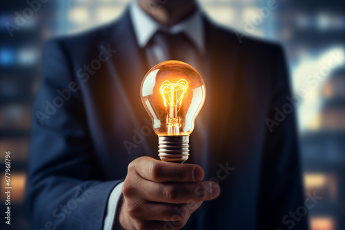 businessman holding a light bulb bokeh style background