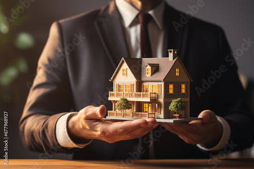 close up of businessman holding a house model bokeh style background