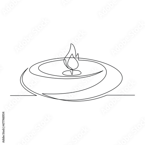 Continuous single line sketch drawing of aromatic therapy romantic burning candle light in glass jar. One line art of beautiful spa candle relaxation vector illustration