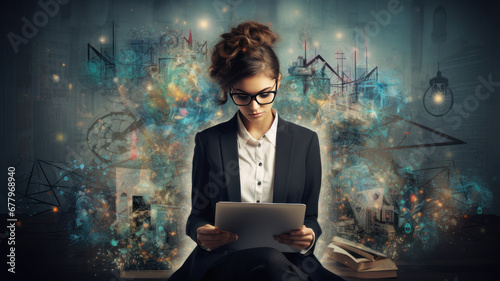 Attractive business lady working on tablet . night city background ,copy space