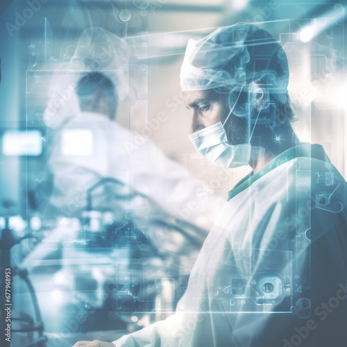 double exposure photography of closeup doctor and the hospital operating room , on white background , copy space