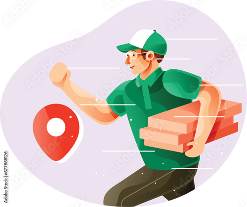 Man courier runs and holds pizza box