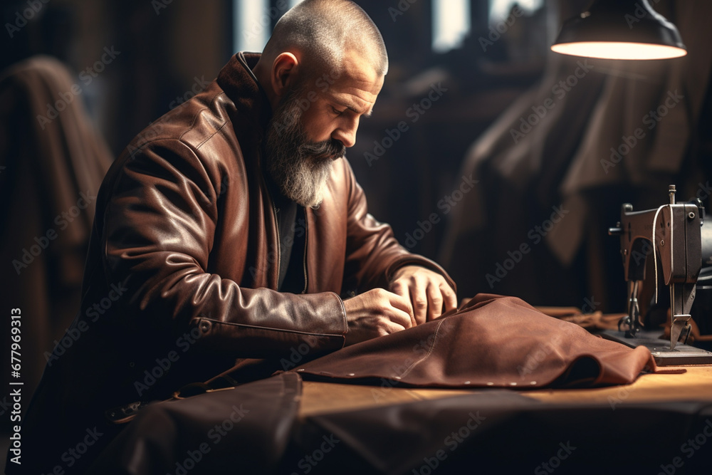 leather worker man doing leather bag on wood table bokeh style background - obrazy, fototapety, plakaty 