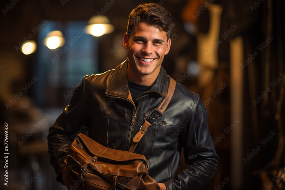 leather worker man smiling with his leather bag in his studio bokeh style background