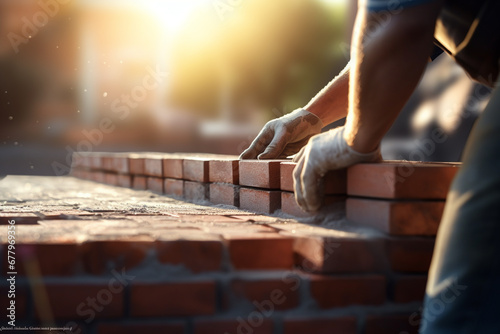  construction worker hand doing masonry wall bokeh style background