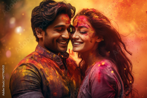 happy indian couple with holi powder on their face at holi festival bokeh style background