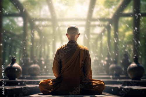 buddhist monk mindful meditation in front of natural background bokeh style background