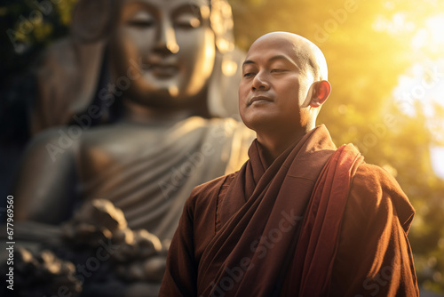 buddhist monk standing in front of the buddha statue bokeh style background