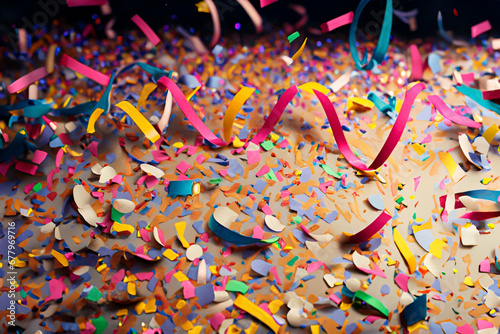 Confetti and streamers scattered on the floor after a party.