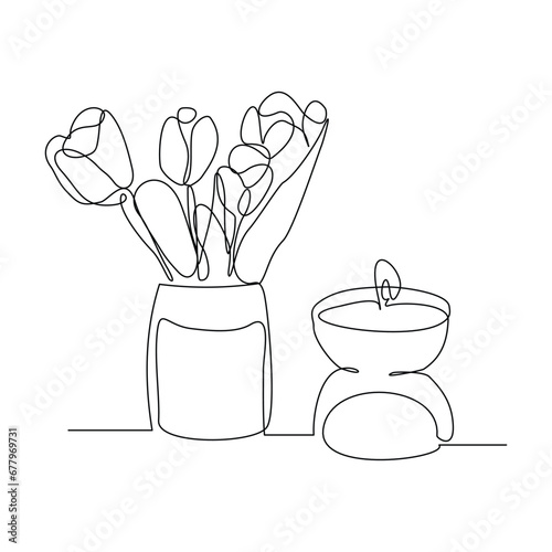 Continuous single line sketch drawing of aromatic spa candle and beautiful flower vase pot. One line art of beautiful home decoration vector illustration