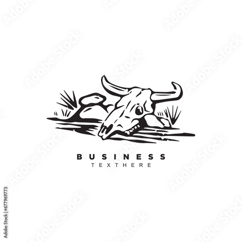 Wild west bull skull cowboy. Vintage retro western Arizona desert landscape vector