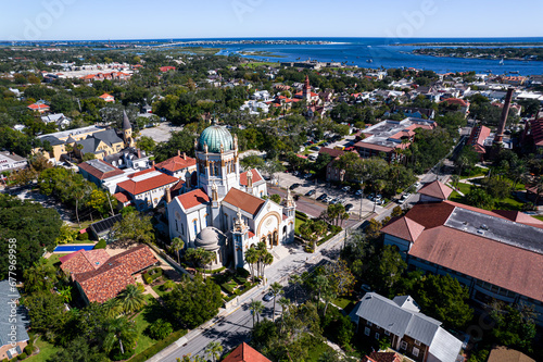 Beautiful aerial view of the St Augustine, the oldest town in USA. the castle of San Marcos National Monument, Flagler College and the Matanzas Bay photo