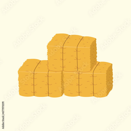 Hay bale flat illustration, stack of gold dry grass tied with rope, harvest, agriculutre flat illustration