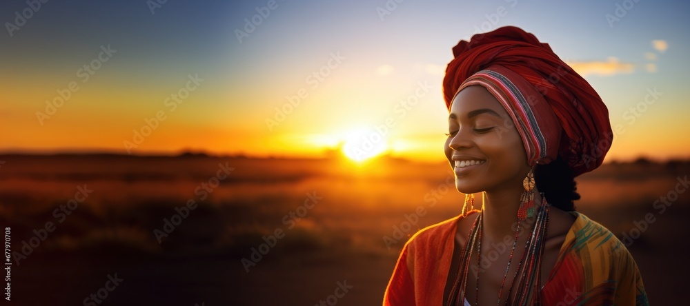Backlit Portrait of calm happy smiling free black African woman with closed eyes enjoys a beautiful moment life on the African fields at sunset - obrazy, fototapety, plakaty 