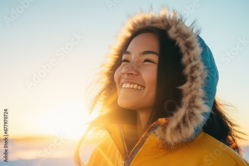 Backlit Portrait of calm happy smiling free Inuit young woman looking away enjoys a beautiful moment life on the arctic  at sunset © Adriana