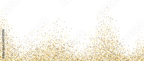 Golden glitter background. Sparkling small confetti wallpaper. Splashed gold dots texture. Border frame design. Christmas, New year, birthday pattern for posters, banner, flyer, cards. Vector decor