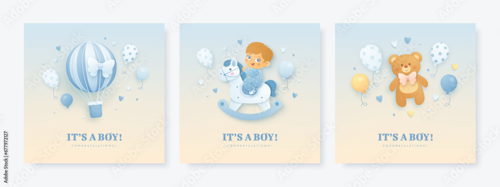 Set of baby shower invitation or card design template with cartoon boy, rocking horse, hot air balloon, bear, helium balloons. Relistic vector illustration Set of baby shower invitation or card design template with cartoon boy, rocking horse, hot air balloon, bear, helium balloons. Relistic vector illustration