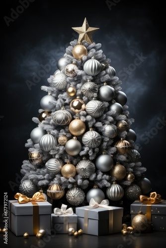 A gorgeous Christmas tree with silver and gold Christmas balls with gift boxes. New Year  Christmas.