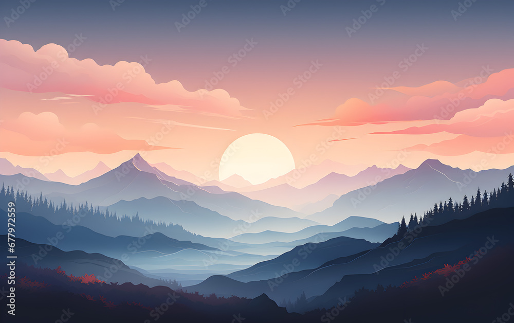 Fototapeta premium Mountain peak landscape, minimal flat illustration, pastel colors