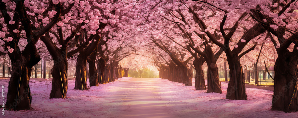 Experience the captivating beauty of springtime as you wander along this picturesque pathway of pink flowering trees. AI Generative beauty.