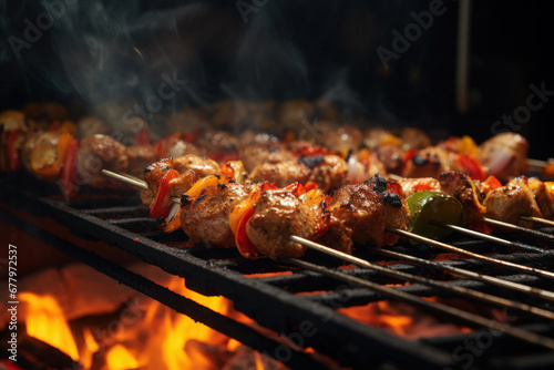 Savory indulgence Meat skewers sizzle on grill. AI Generative touch highlights the succulent, flame-grilled essence of these delicious delights.