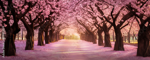 Experience the captivating beauty of springtime as you wander along this picturesque pathway of pink flowering trees. AI Generative beauty. © Alisa