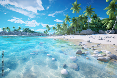 Immerse yourself in the tropical bliss of a serene beach  where palm trees meet the clear blue sea under a brilliant sun. AI Generative coastal.