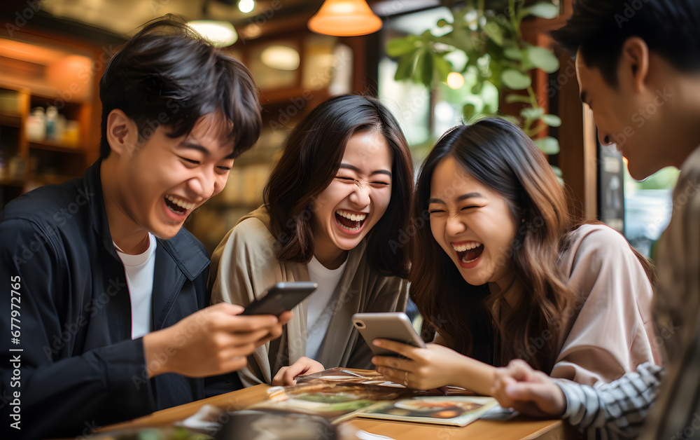 Group of smiling asian friends Using the phone Group of smiling asian friends Using the phone