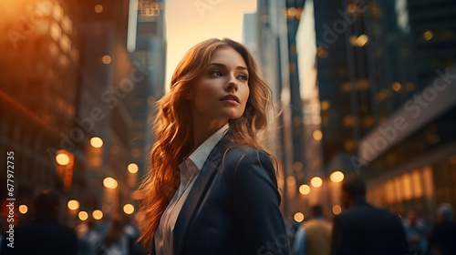 business woman standing in big city modern skyscrapers street on sunset
