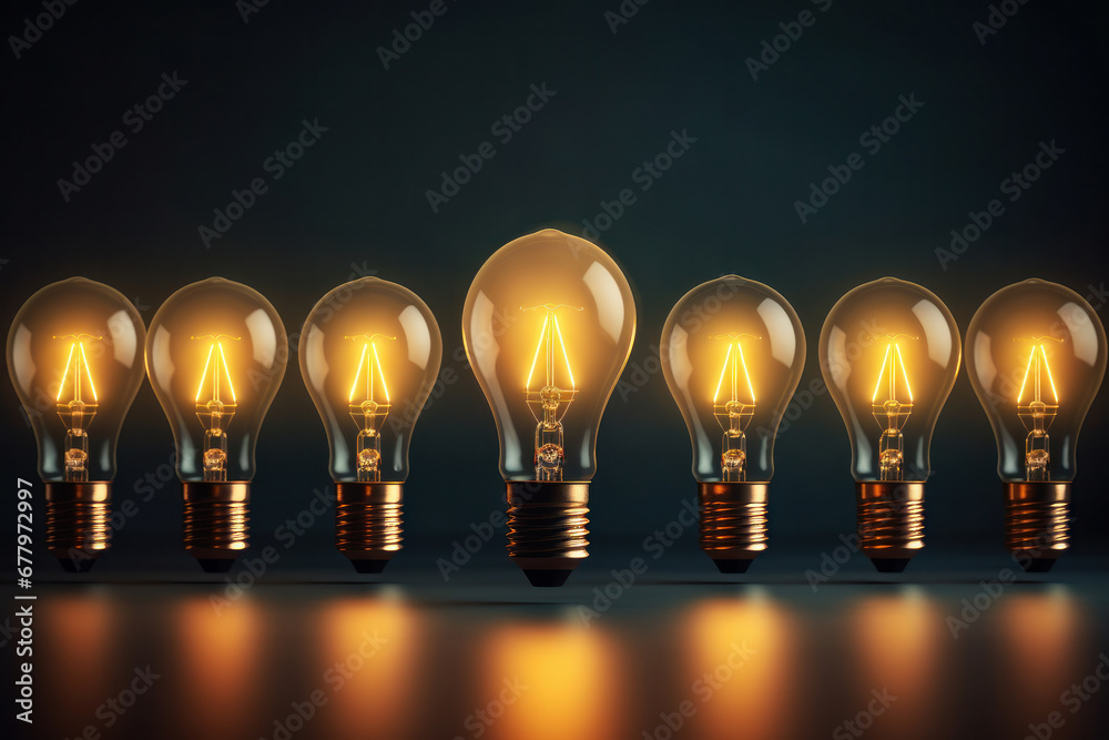 Brightening the concept, Light bulbs in a row on a table, representing innovation and creative energy. AI Generative. Brightening the concept, Light bulbs in a row on a table, representing innovation and creative energy. AI Generative.