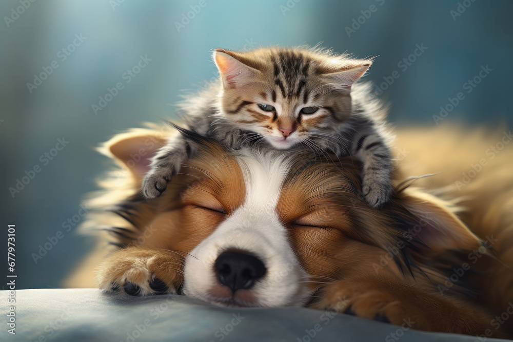 An adorable kitten sits atop a dog's head, a touching display of love and friendship between these two cute pets. AI Generative. An adorable kitten sits atop a dog's head, a touching display of love and friendship between these two cute pets. AI Generative.