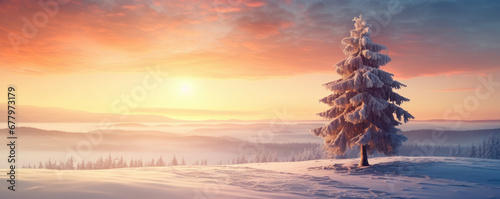 Saariselka serene charm in winter, Frozen trees stand beneath a stunning sunset sky, forming a scenic banner. Nature's art is AI Generative.