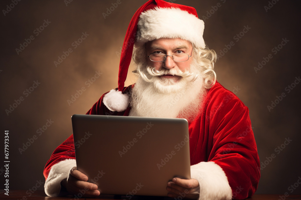 santa claus holding a tablet during the winter season santa claus holding a tablet during the winter season