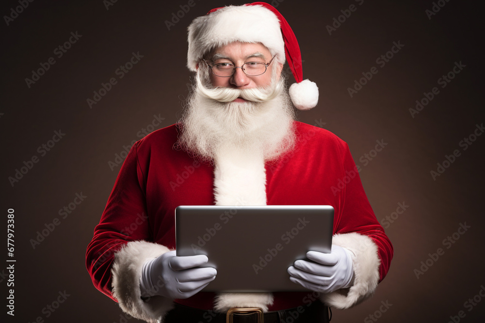 Naklejka premium santa claus holding a tablet during the winter season